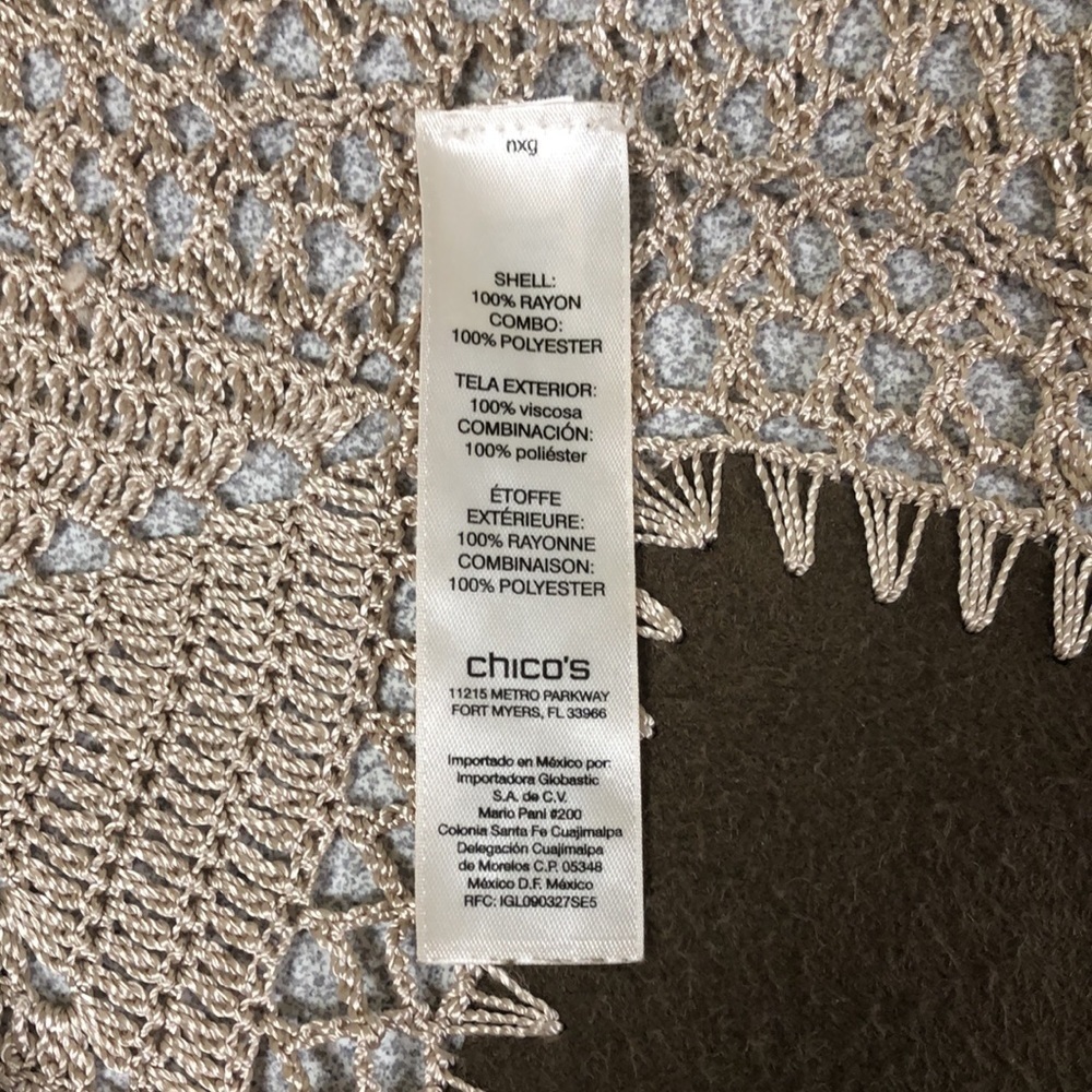 Chico’s faux suede patchwork crocheted cardigan. - Picture 8 of 12
